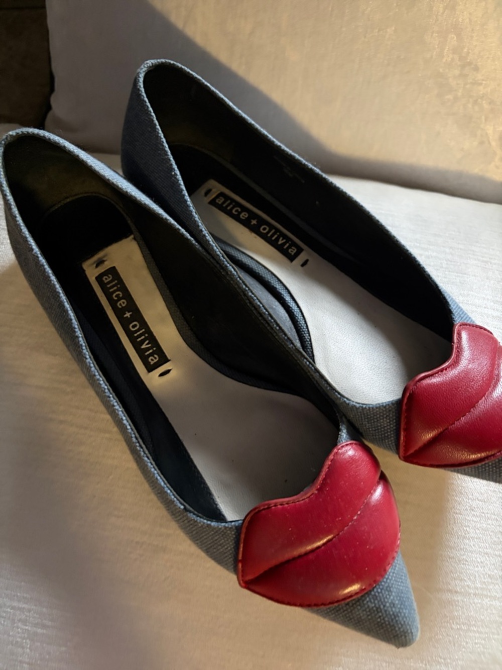alice + olivia denim Pointed Flats with Red Lip Appliqué